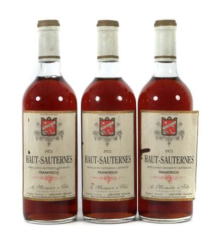 3 bottles of Haut-Sauterne red wine, 1973, A. Moue