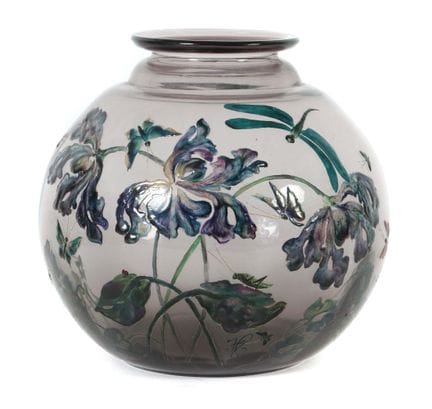 Round vase with irises, France, ca. 1890. Violet, 