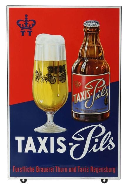Taxis-Pils Regensburg enamel sign, ca. 1950s, beve
