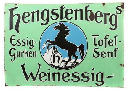 Hengstenberg Wine Vinegar Enamel Sign, ca. 1910, d
