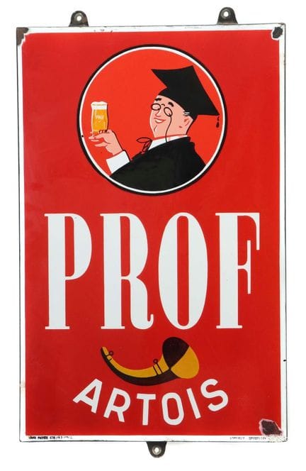 Prof. Artois enamel sign, Belgium, ca. 1950s, beve