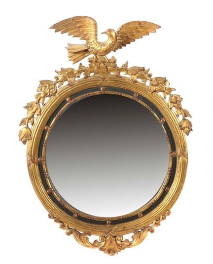 Round mirror with bird finial, 20th century; round