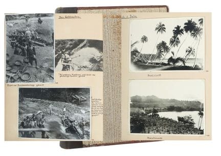 1920年代相册，内含约70张尺寸各异的新几内亚黑白照片，每页均有手写标注，半皮面装帧，四开本。有年