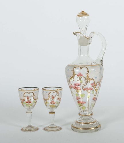 Carafe and two liqueur glasses; probably France, 2