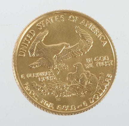 美国5美元金币，1986年，纯度999，约3.41克，直径约1.7厘米。品相良好。