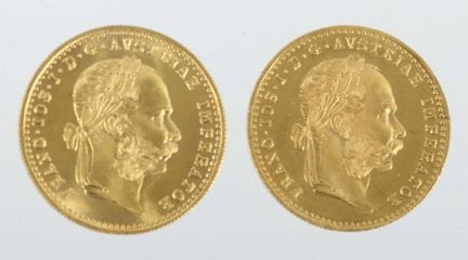 Two 1-ducat gold coins from Austria, dated 1915, 9