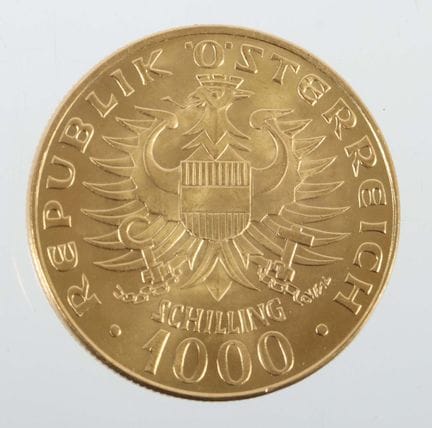 1,000-schilling gold coin, Austria, dated 1976, 90
