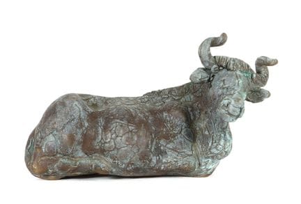 20th-century sculptor. “Reclining Cow,” bronze, pa