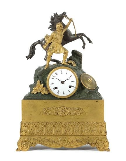 法国马夫人偶摆钟，约1830/35年， 珐琅表盘，黑色时标，宝玑式指针，摆轮采用线悬式，击响两枚钟，