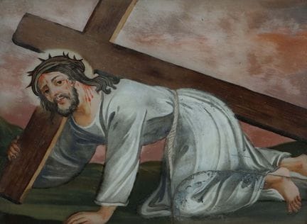 Reverse-glass painting “Christ Falls Under the Cro