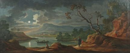 Pittore del XIX secolo. “Paesaggio lacustre al chi