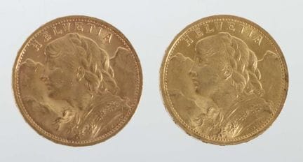 Two 20-franc Swiss Vreneli gold coins, 1898/1927, 