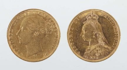 2 British Sovereign gold coins, 1873 and 1891, res