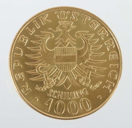 1,000-schilling gold coin, Austria, dated 1976, 90