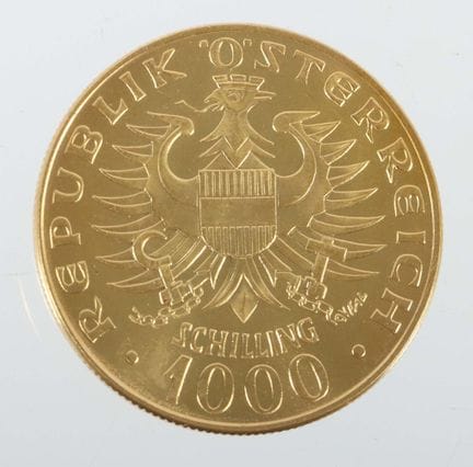 1,000-schilling gold coin, Austria, dated 1976, 90