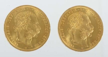 Two Austrian 8-florin gold coins, dated 1892, 900 