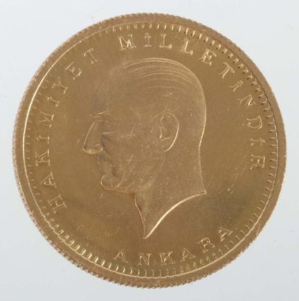 土耳其250皮亚斯特金币，铸造于1923年，纯度917，重约18.04克，背面为凯末尔·阿塔图尔克的