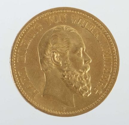 德国20马克金币，1872年，900金，约7.97克，背面为符腾堡国王卡尔的侧面肖像，正面为帝国鹰徽