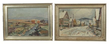 瓦格纳，K.，20世纪施瓦本画家。两幅风格各异的风景画：《雪中的费尔巴赫》和《施瓦本河畔风光》，署名