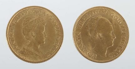 Two 10-gulden gold coins from the Netherlands, dat