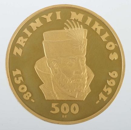 匈牙利500福林金币，1966年发行，900金，约42.06克，背面为尼古拉·兹林斯基的肖像及生平年