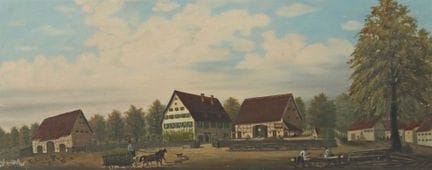 Pittore del 1900 circa, “Fattoria”, veduta di una 