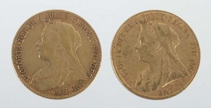 2 British Sovereign gold coins, 1898 and 1899, 916