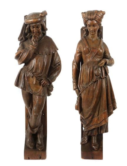 19th-century woodcarver. Pair of figurative carved