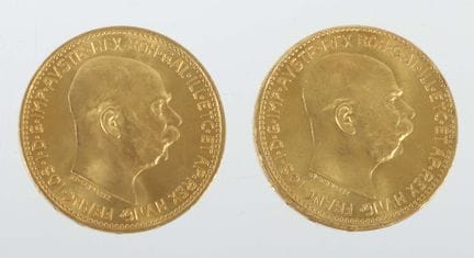 Two Austrian 20-krone gold coins, dated 1915, 900 