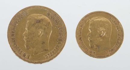 2-ruble gold coins from Russia, 900 gold, approx. 