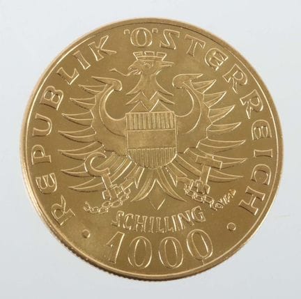 1,000-schilling gold coin, Austria, dated 1976, 90