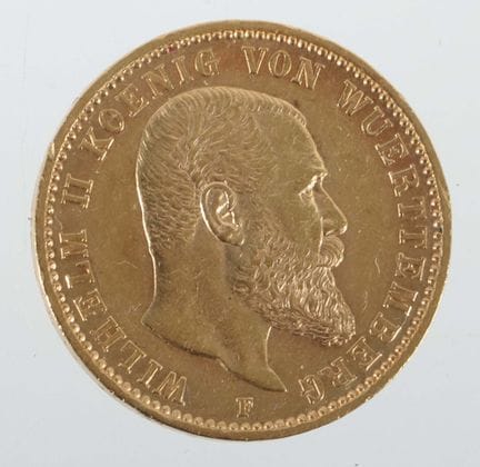 德意志帝国20马克金币， 1897年，900金，约7.94克，背面为符腾堡国王威廉二世的侧面肖像及铸