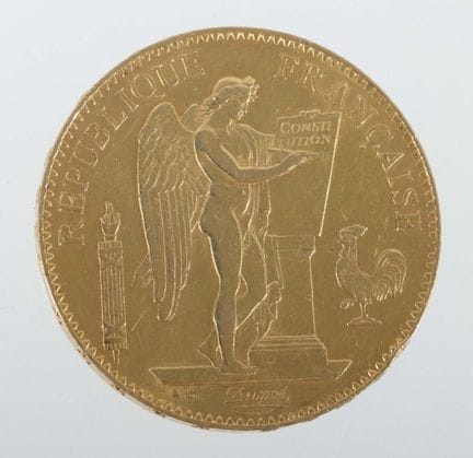 100-franc gold coin from France, dated 1881, 900 g