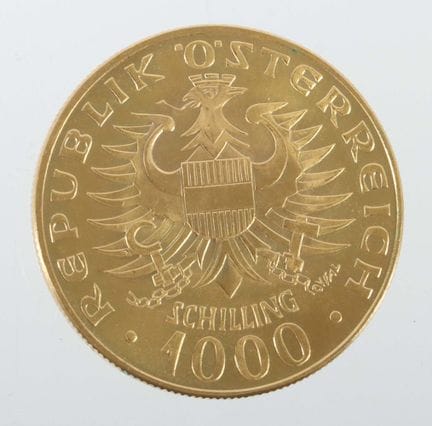 1,000-schilling gold coin, Austria, dated 1976, 90