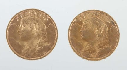 两枚1947年瑞士20法郎“弗雷内利”金币，900金，约12.91克，背面为弗雷内利侧面肖像配山景，