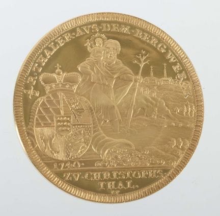 1740年1/2塔勒金币样币，斯图加特造币厂，900金，约19.93克，直径约3.4厘米。仅有极轻微