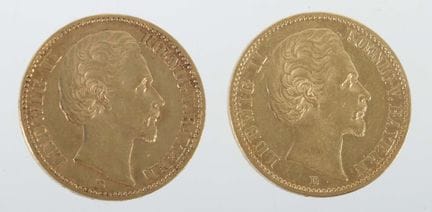 两枚德国20马克金币，均铸造于1874年，纯度900，约15.88克，巴伐利亚国王路德维希二世肖像，