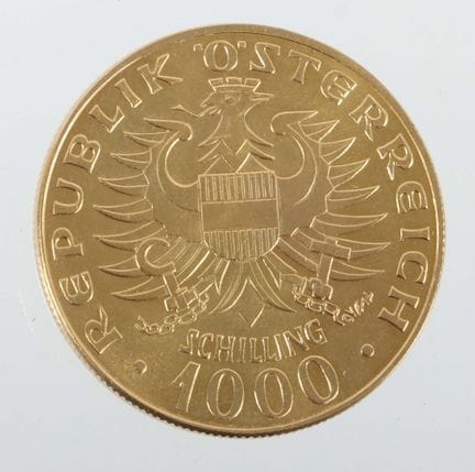 1,000-schilling gold coin, Austria, dated 1976, 90