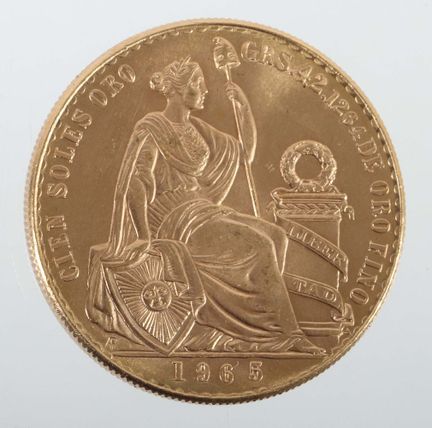 秘鲁100索尔金币，1965年，900金，约46.75克，背面饰有国徽，正面为自由女神像及年份，直径