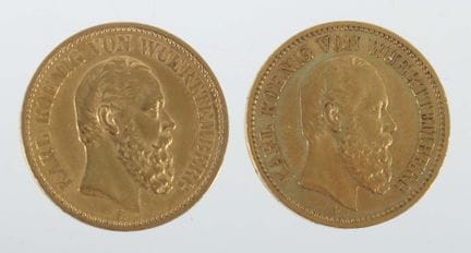两枚德国20马克金币，分别铸造于1872年和1873年，金质900，重约15.86克，印有符腾堡国王