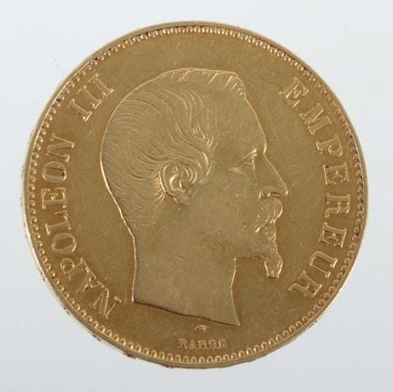 100-franc gold coin from France, dated 1855, 900 g