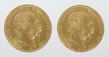 Two Austrian 8-florin gold coins, dated 1892, 900 