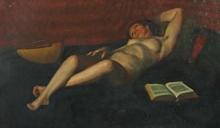 Pittore del XX secolo. “Pausa di lettura”, nudo fe