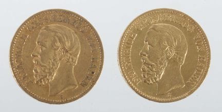 两枚德国20马克金币，铸造于1872年，纯度900，约15.83克，巴登大公弗里德里希肖像，直径各约