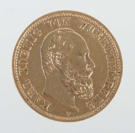 德意志帝国5马克金币，1877年，纯度900，威腾堡国王卡尔，约1.97克，直径约1.7厘米。有轻微