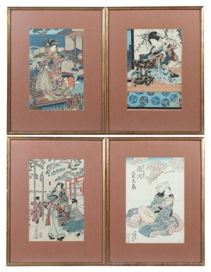 4 estampes sur bois en couleurs, Japon, XIXe siècl