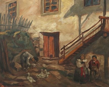 莫罗德，罗兰，1948年出生于圣乌尔利希，南蒂罗尔画家。作品《田园牧歌》描绘了一对年轻情侣在屋前交谈