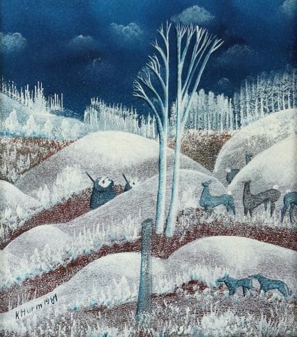 赫尔姆，卡尔·韦尔多夫 1930 - 2019 巴林根，德国画家。《猎人与鹿及野猪》，一幅以冬季风景