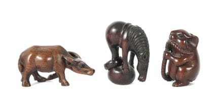 3 netsukes, Japon, XIXe/XXe siècles, bois dur, scu
