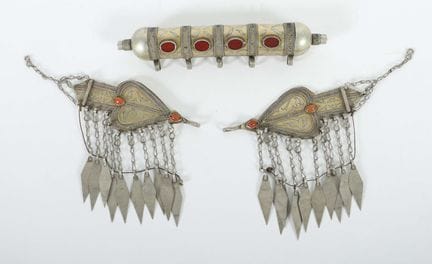 Pair of cloak clasps and scroll case, Afghanistan,